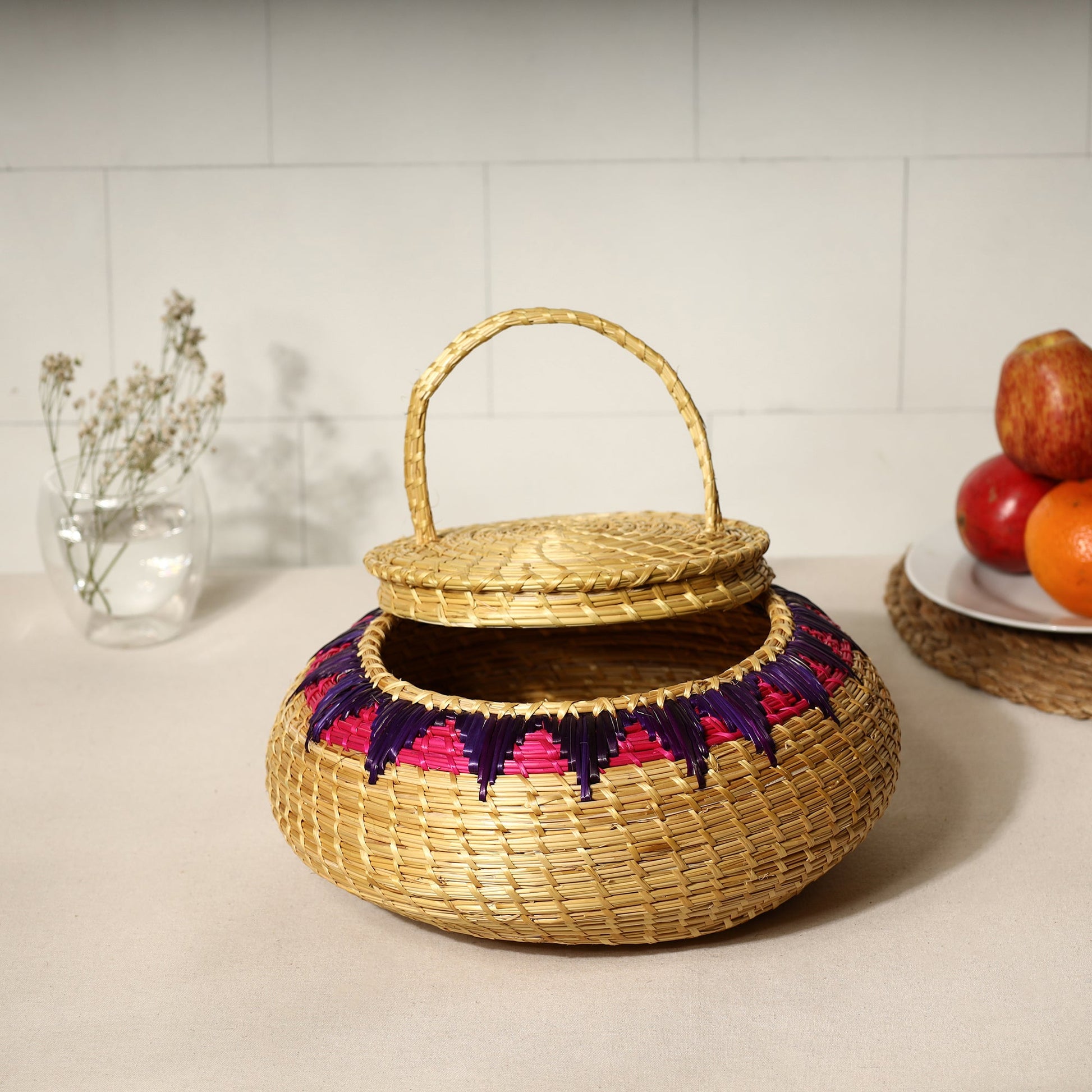 Beige - Handmade Sikki Grass Multipurpose Basket with Lid (Big)