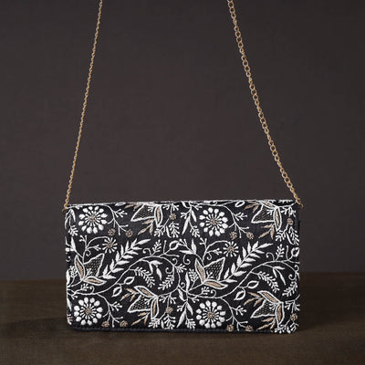 Black - Chikankari Hand Embroidery Tussar Silk Clutch / Sling Bag 09