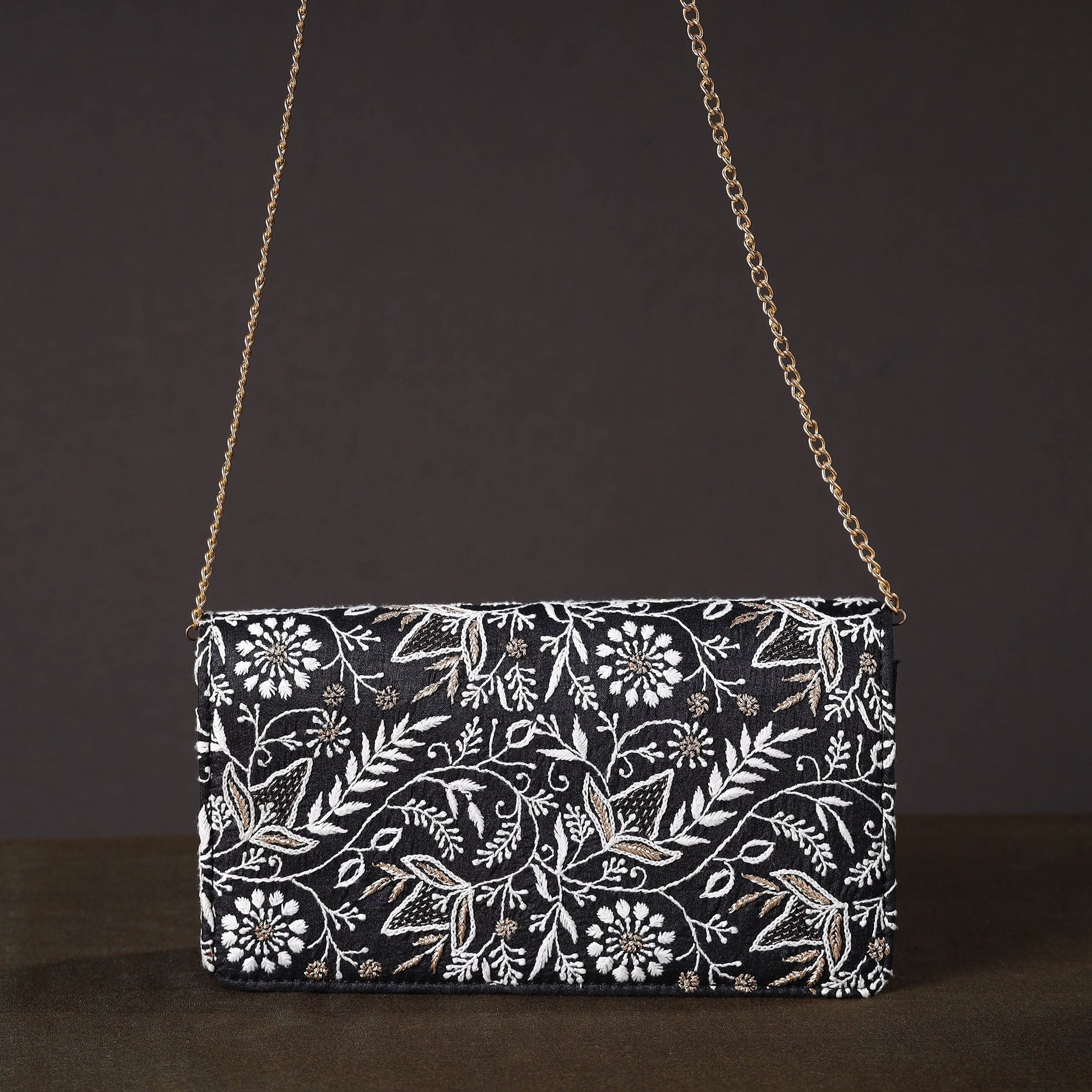 Black - Chikankari Hand Embroidery Tussar Silk Clutch / Sling Bag 09