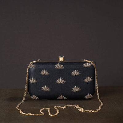 Black - Chikankari Hand Embroidery Tussar Silk Clutch / Sling Bag 10