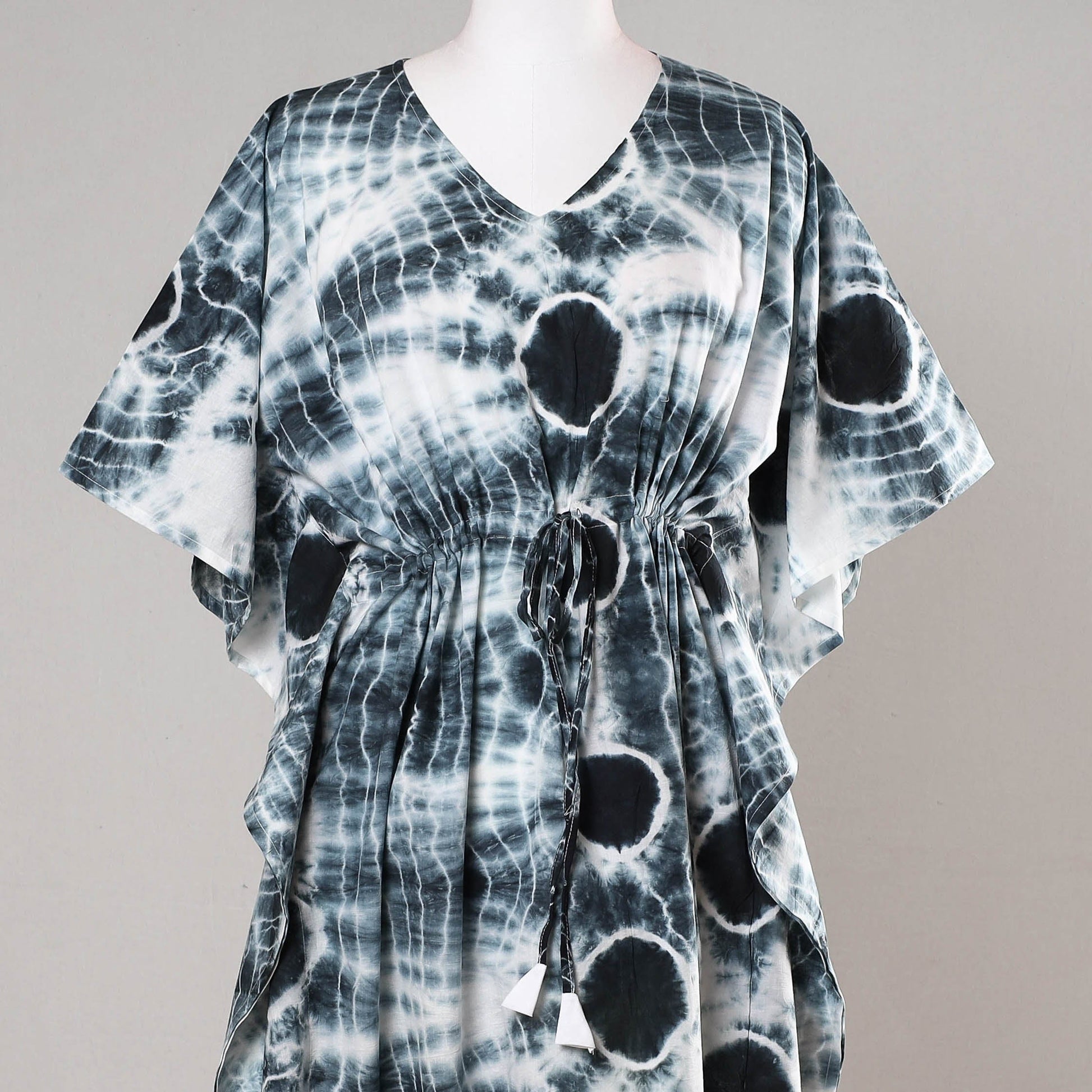 Black - Shibori Tie-Dye Cotton Kaftan with Tie-Up Waist (Long)