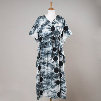 Black - Shibori Tie-Dye Cotton Kaftan with Tie-Up Waist (Long)