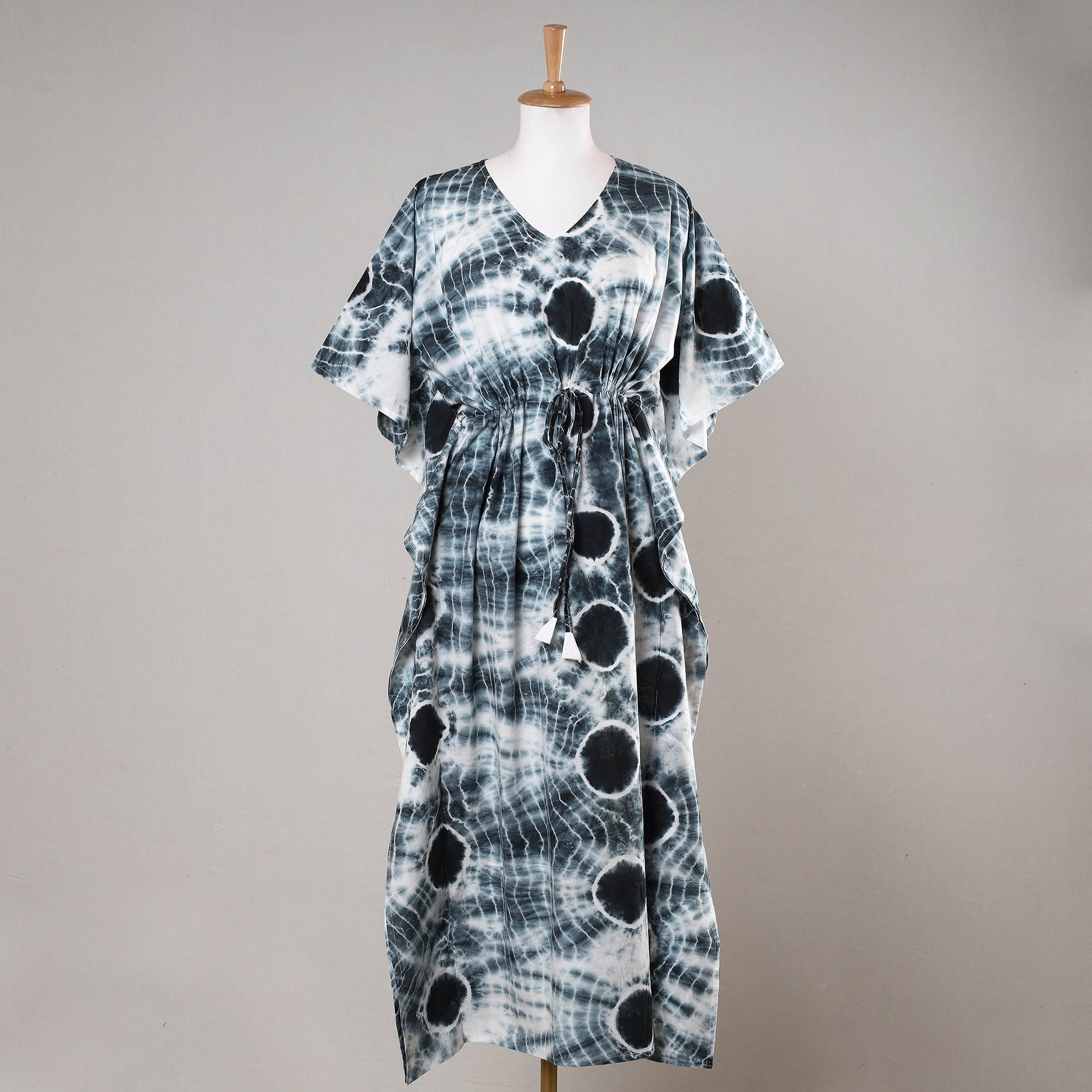 Black - Shibori Tie-Dye Cotton Kaftan with Tie-Up Waist (Long)