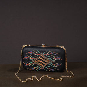 Black - Chikankari Hand Embroidery Tussar Silk Clutch / Sling Bag 12