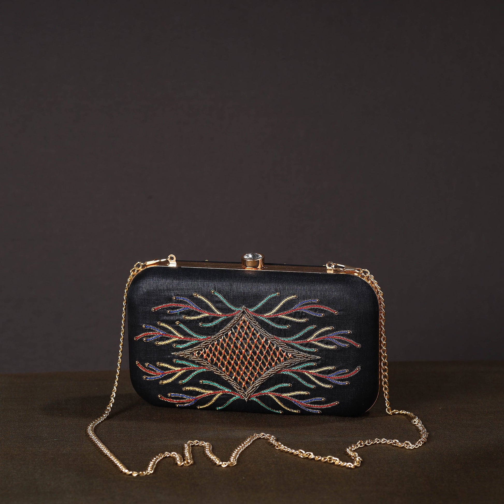 Black - Chikankari Hand Embroidery Tussar Silk Clutch / Sling Bag 12