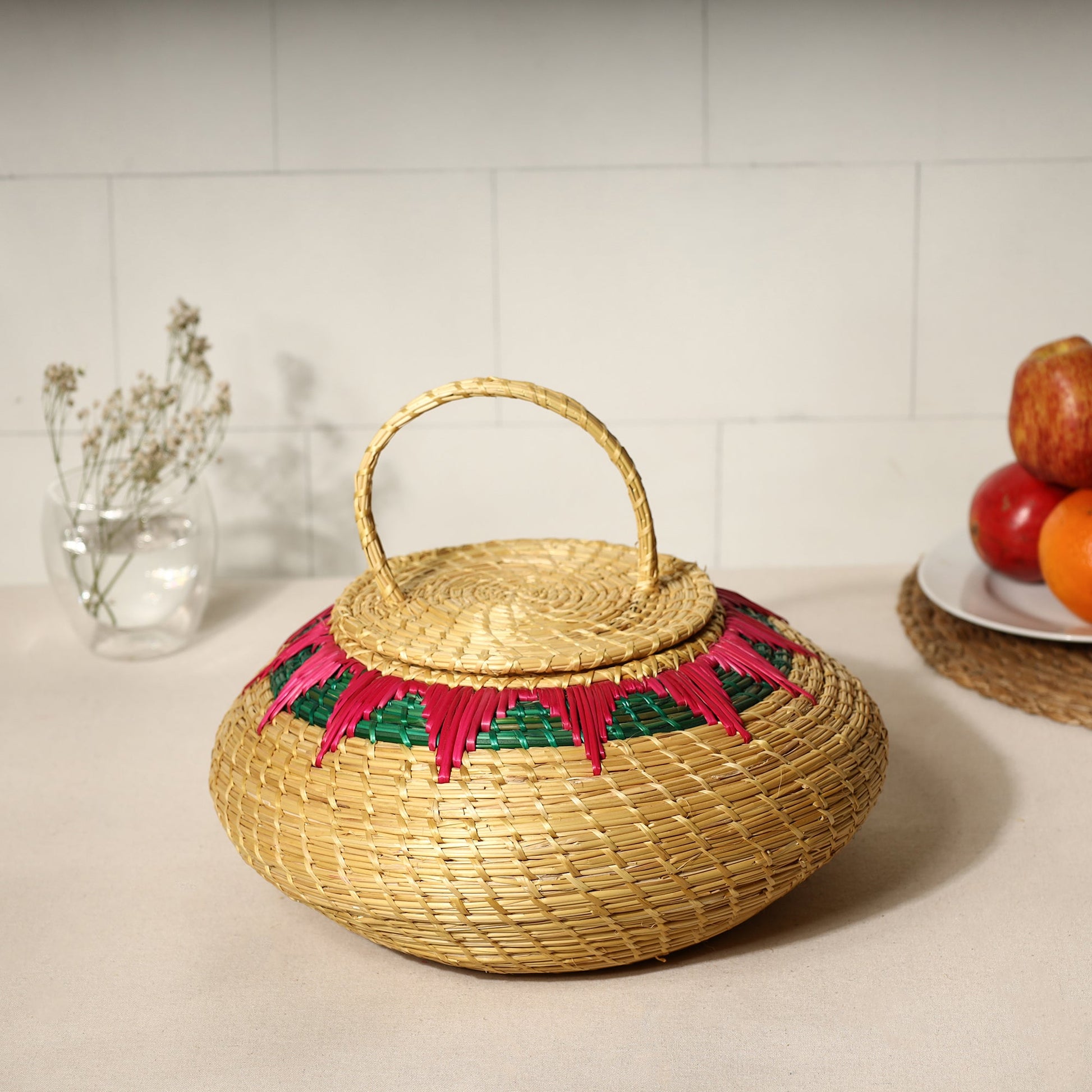 Beige - Handmade Sikki Grass Multipurpose Basket with Lid (Big)