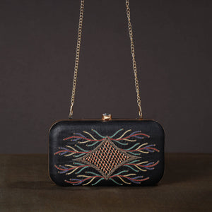 Black - Chikankari Hand Embroidery Tussar Silk Clutch / Sling Bag 12