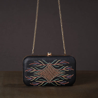 Black - Chikankari Hand Embroidery Tussar Silk Clutch / Sling Bag 12