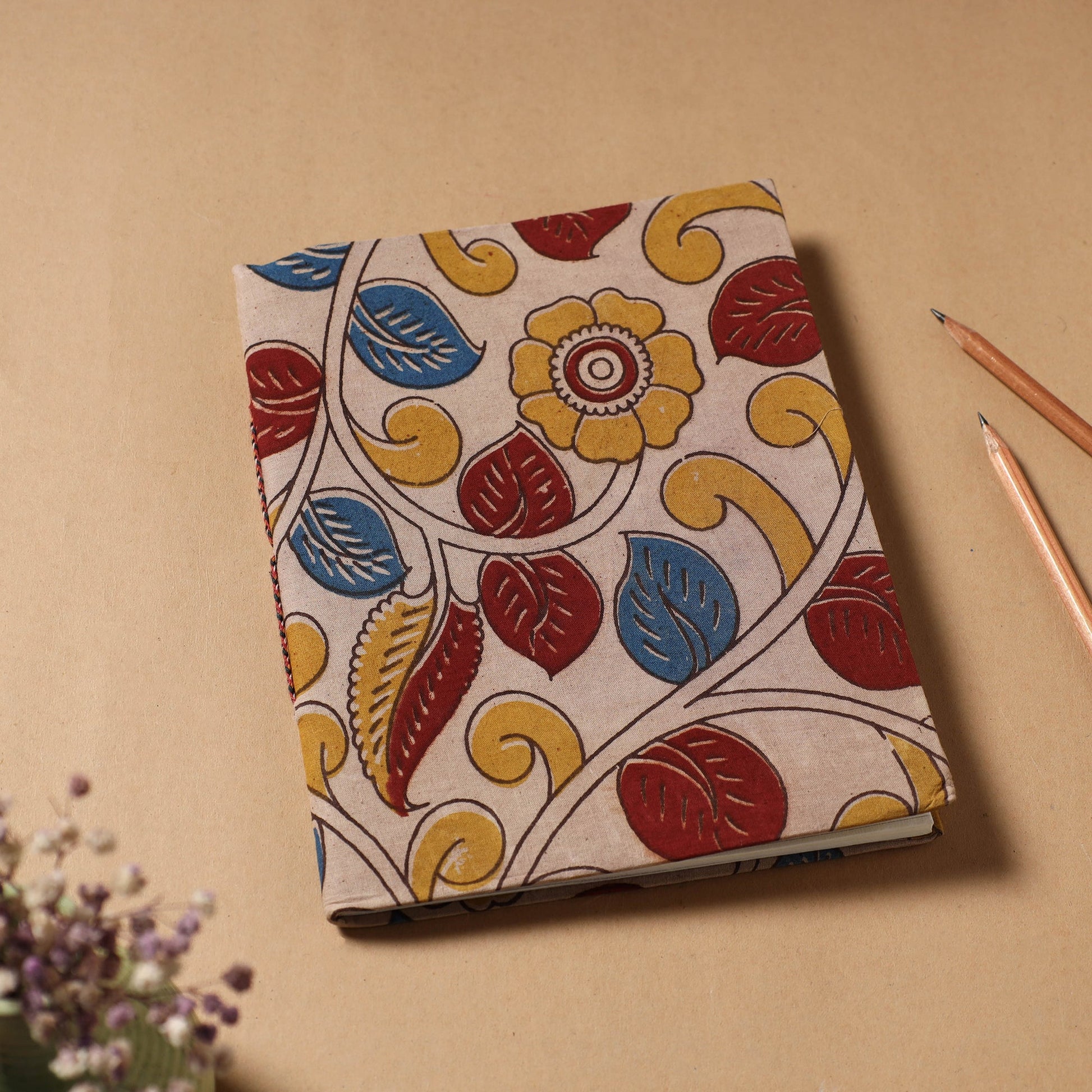 Beige - Kalamkari Fabric Cover Handmade Paper Notebook (9 x 7 in)