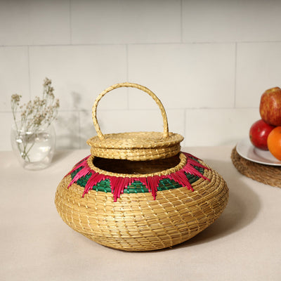 Beige - Handmade Sikki Grass Multipurpose Basket with Lid (Big)