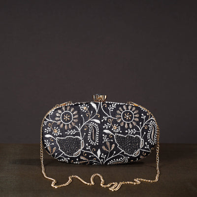Black - Chikankari Hand Embroidery Tussar Silk Clutch / Sling Bag 15