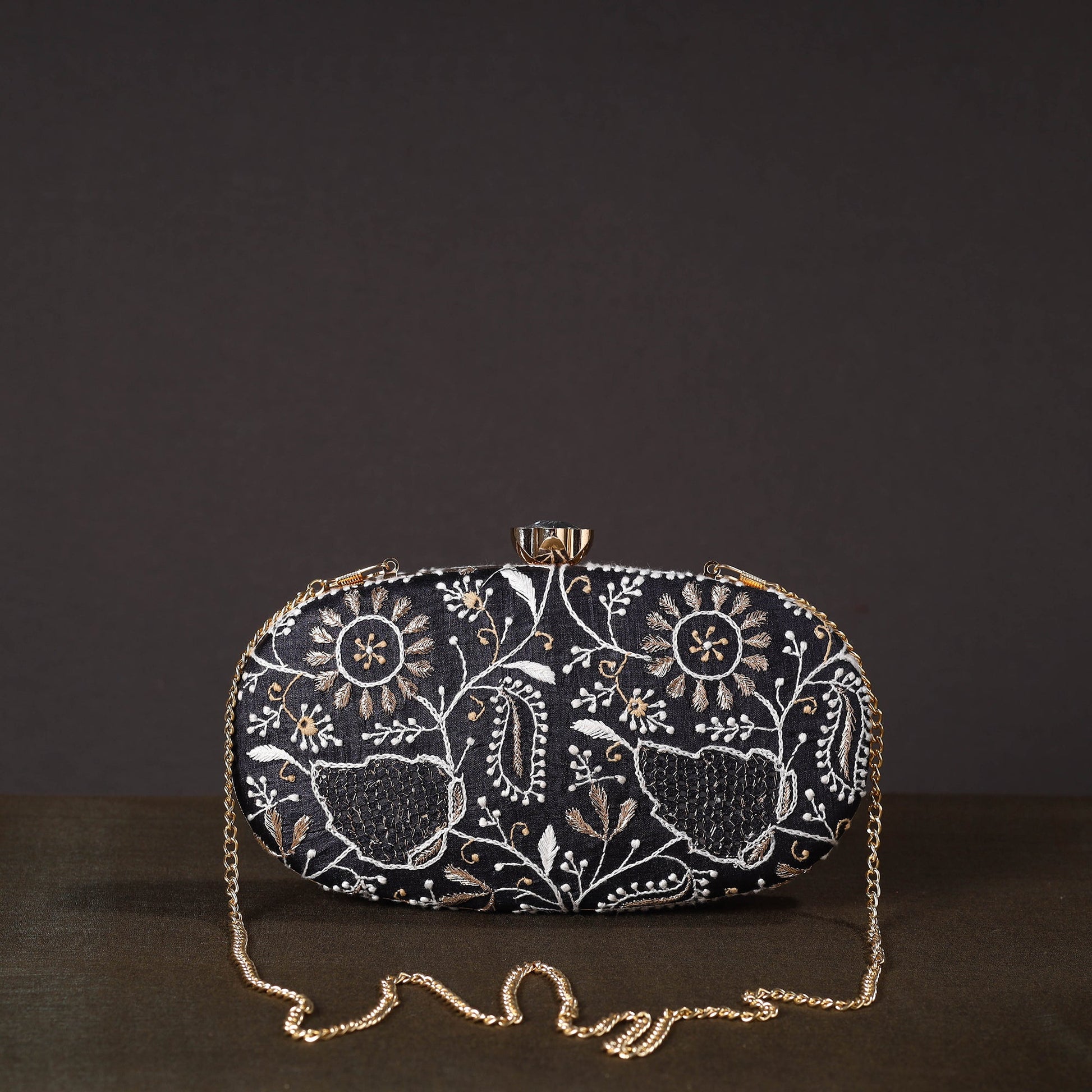 Black - Chikankari Hand Embroidery Tussar Silk Clutch / Sling Bag 15
