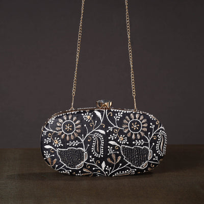 Black - Chikankari Hand Embroidery Tussar Silk Clutch / Sling Bag 15