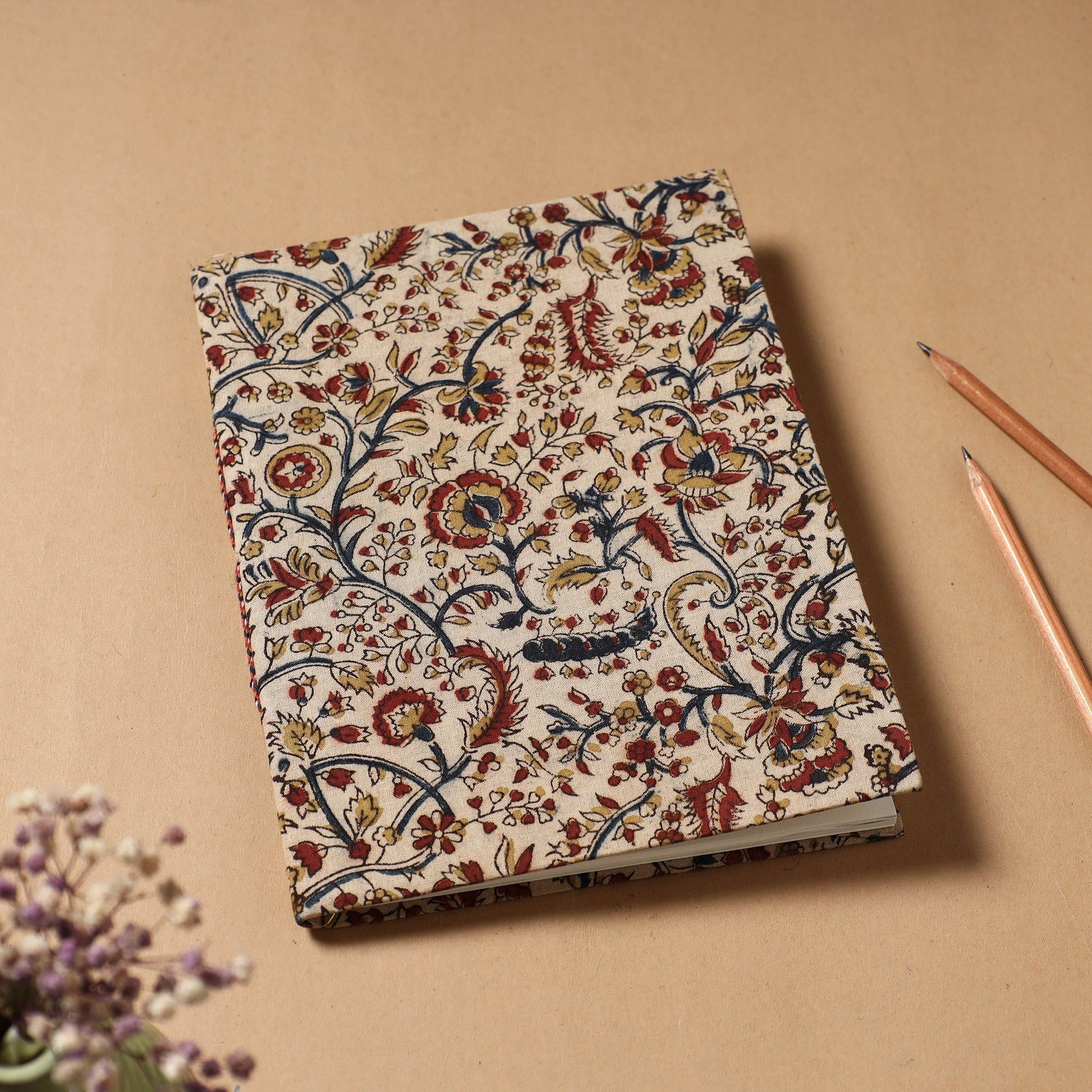 Beige - Kalamkari Fabric Cover Handmade Paper Notebook (9 x 7 in)
