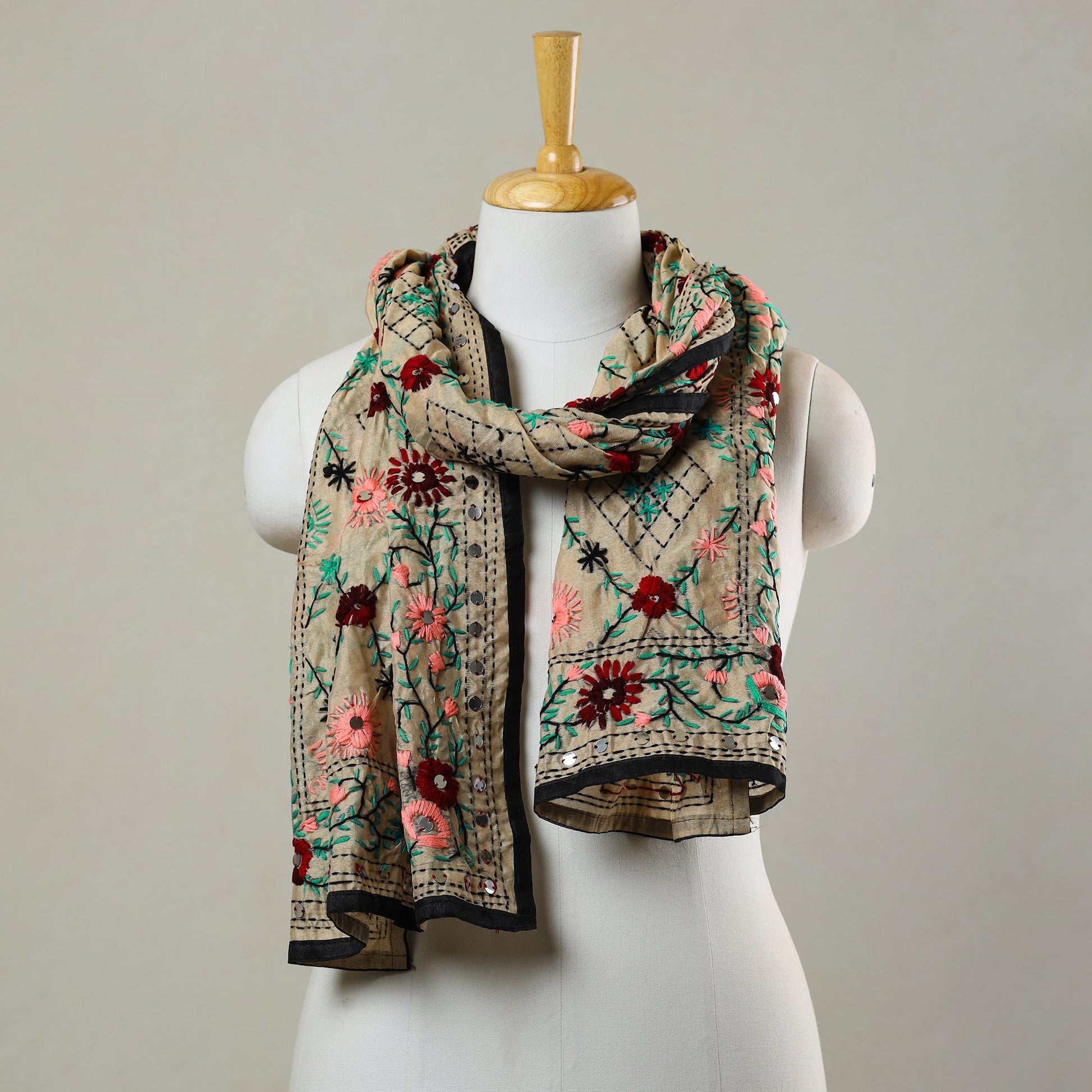 Black - Ranihati Chapa Work Phulkari Embroidery Chanderi Silk Stole 42
