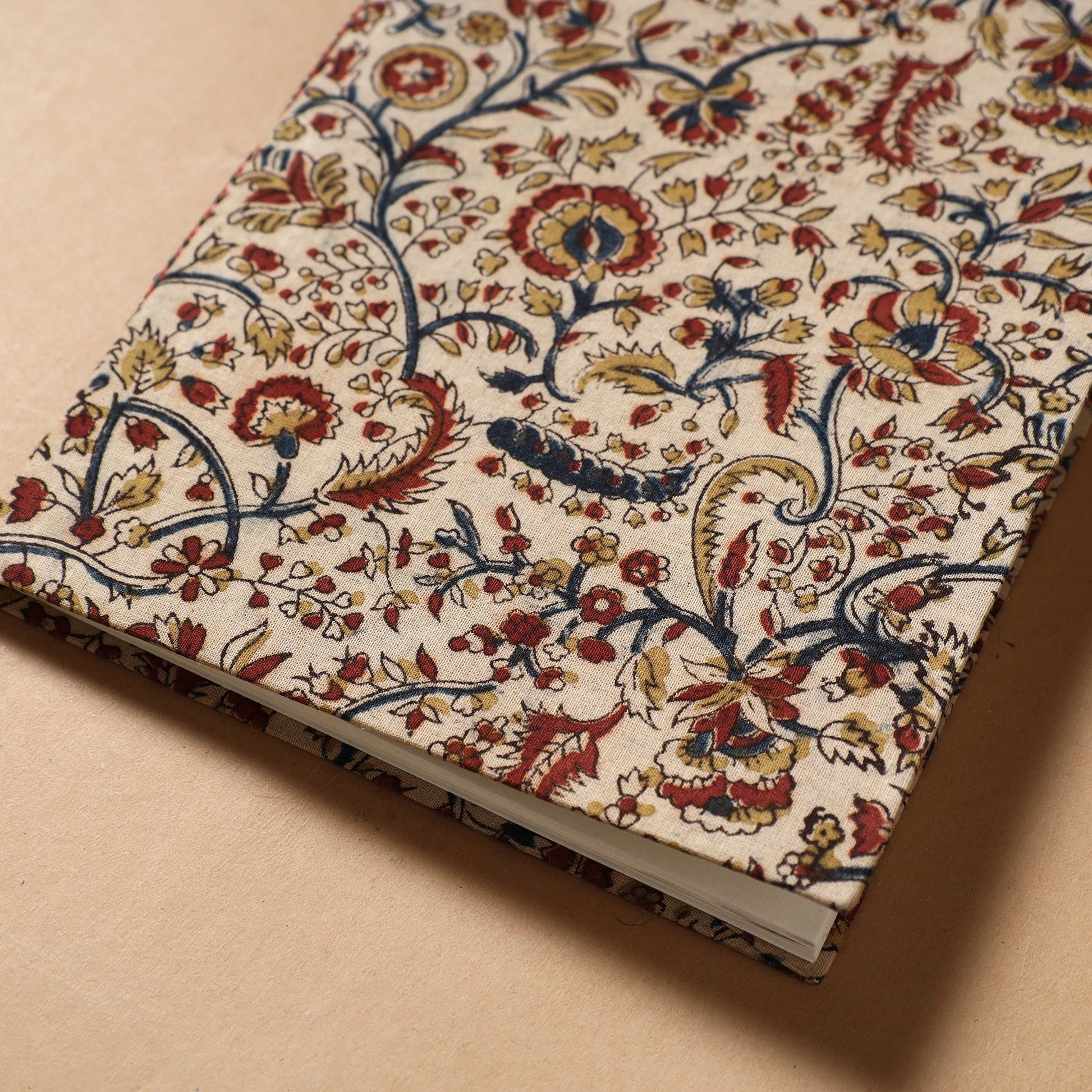 Beige - Kalamkari Fabric Cover Handmade Paper Notebook (9 x 7 in)