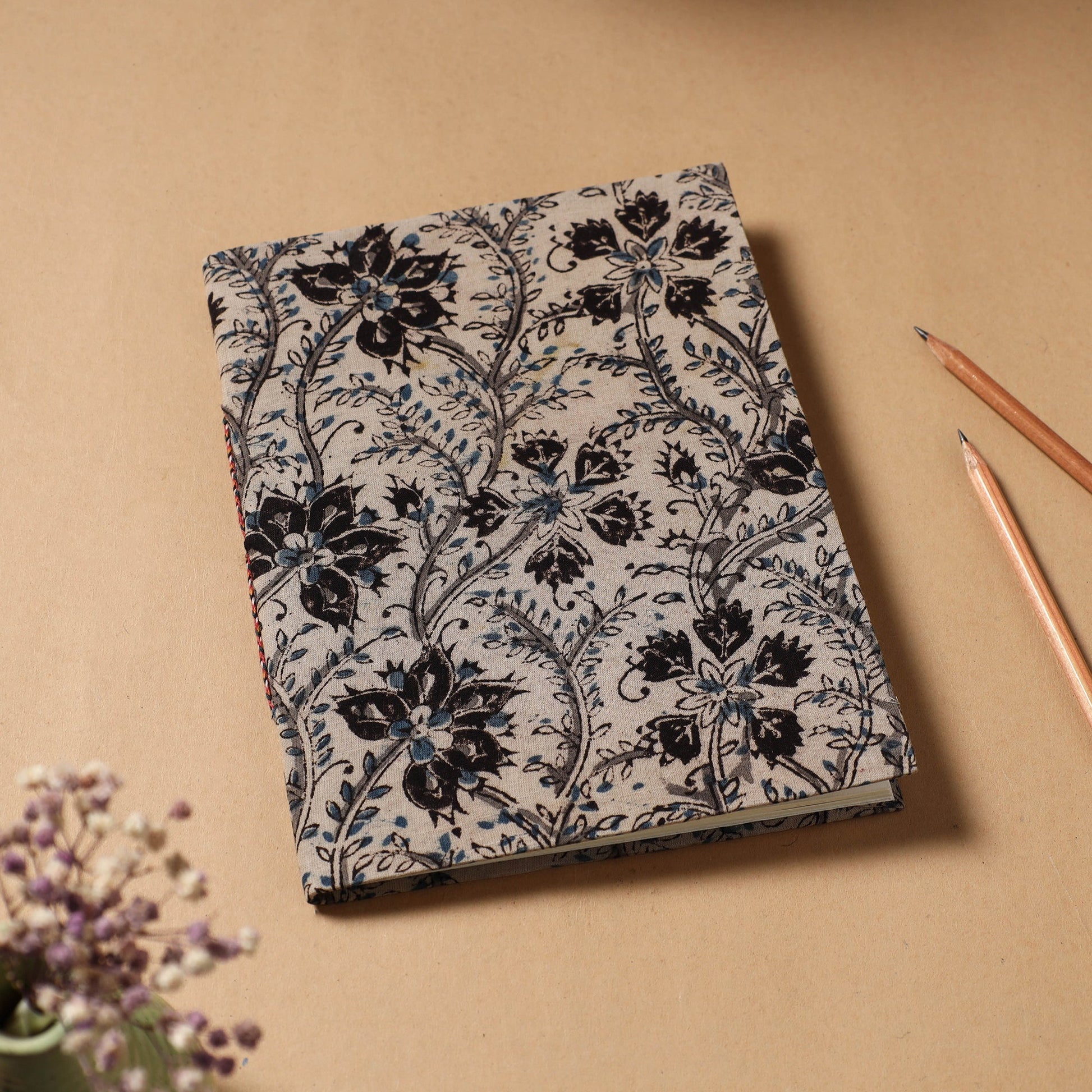 Beige - Kalamkari Fabric Cover Handmade Paper Notebook (9 x 7 in)