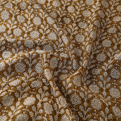 Brown - Hand Block Print Chanderi Silk Bagru Fabric 02