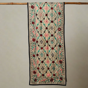 Black - Ranihati Chapa Work Phulkari Embroidery Chanderi Silk Stole 42