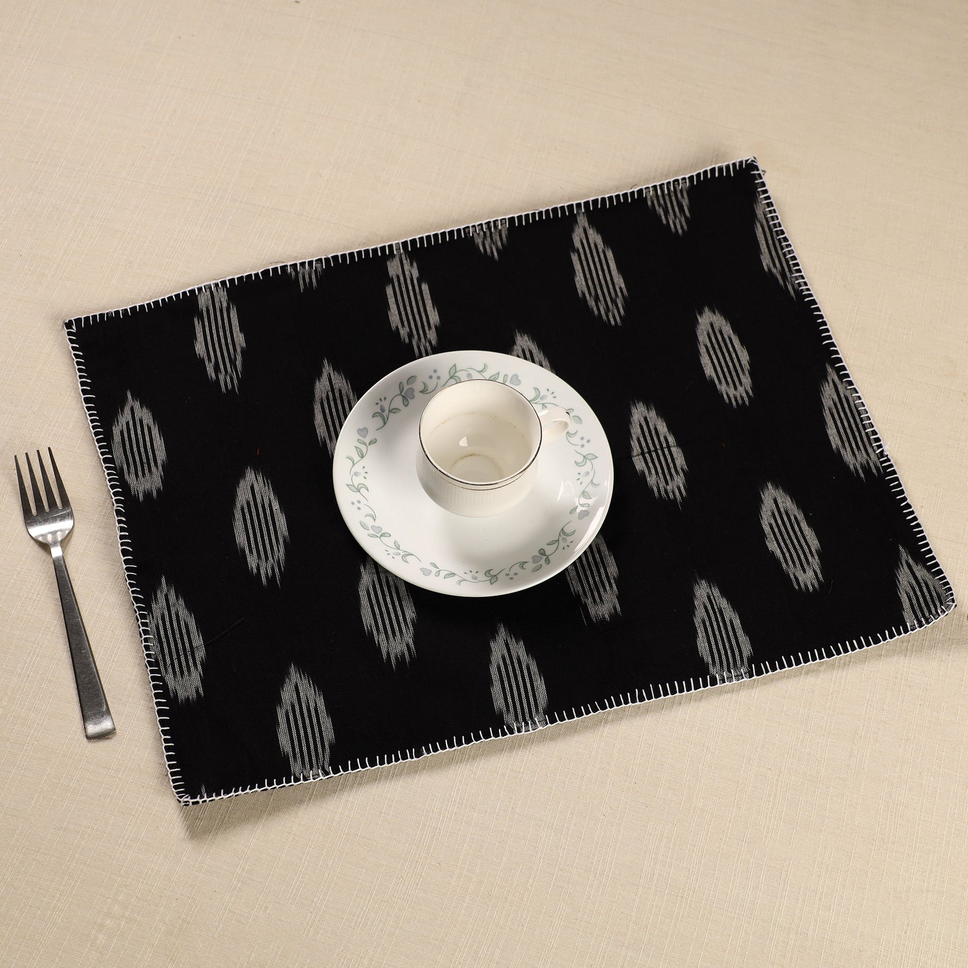 Black - Ikat Cotton Hand Embroidery Table Mat (18 x 13 in) 07