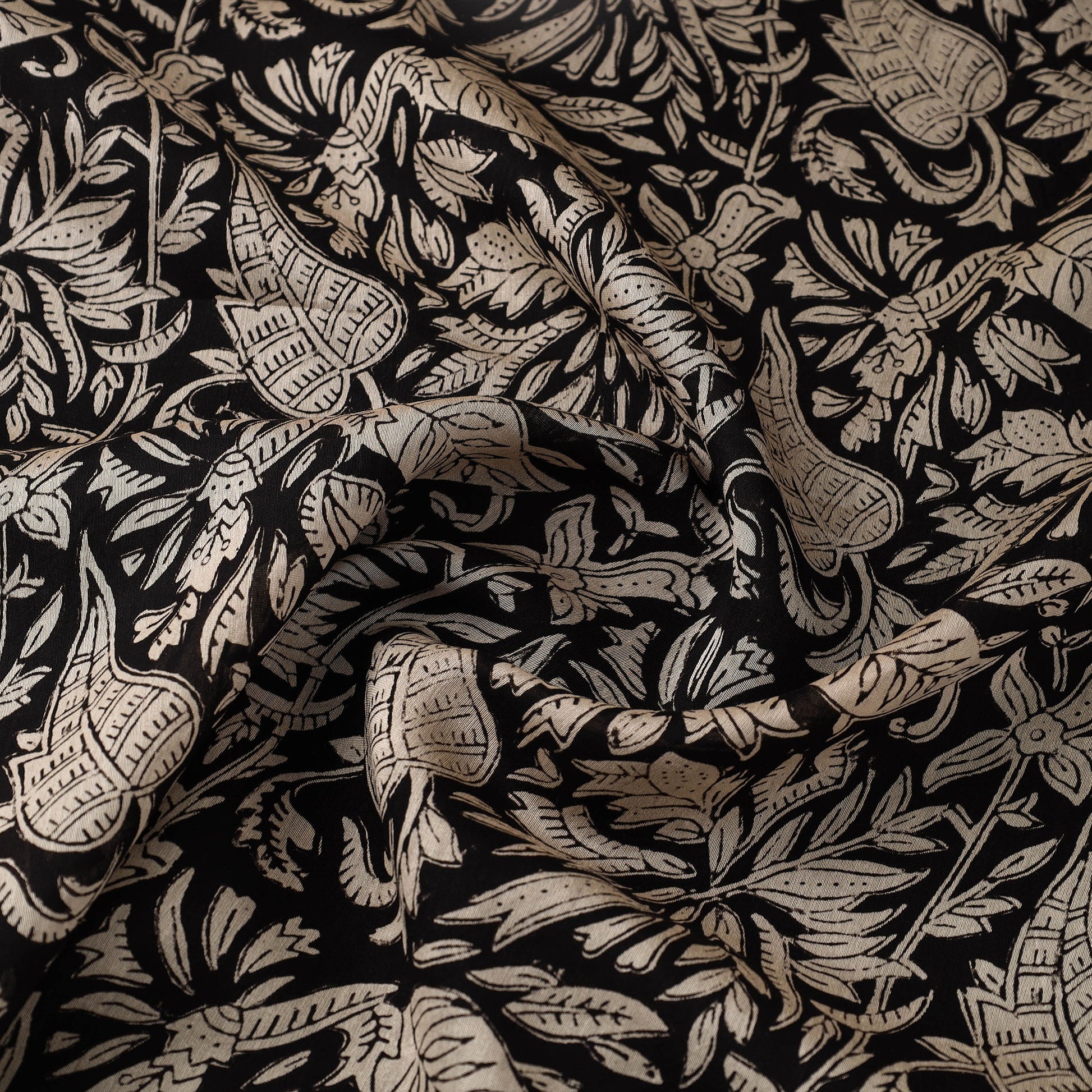 Black - Hand Block Print Chanderi Silk Bagru Fabric 05