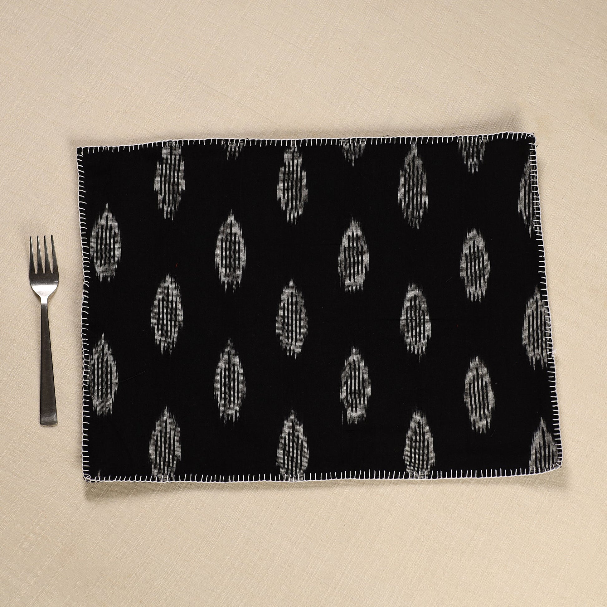 Black - Ikat Cotton Hand Embroidery Table Mat (18 x 13 in) 07