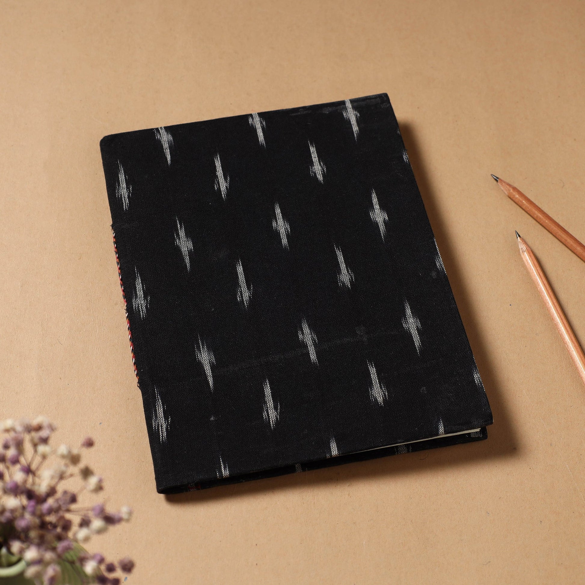 Black - Ikat Fabric Cover Handmade Paper Notebook (9 x 7 in)