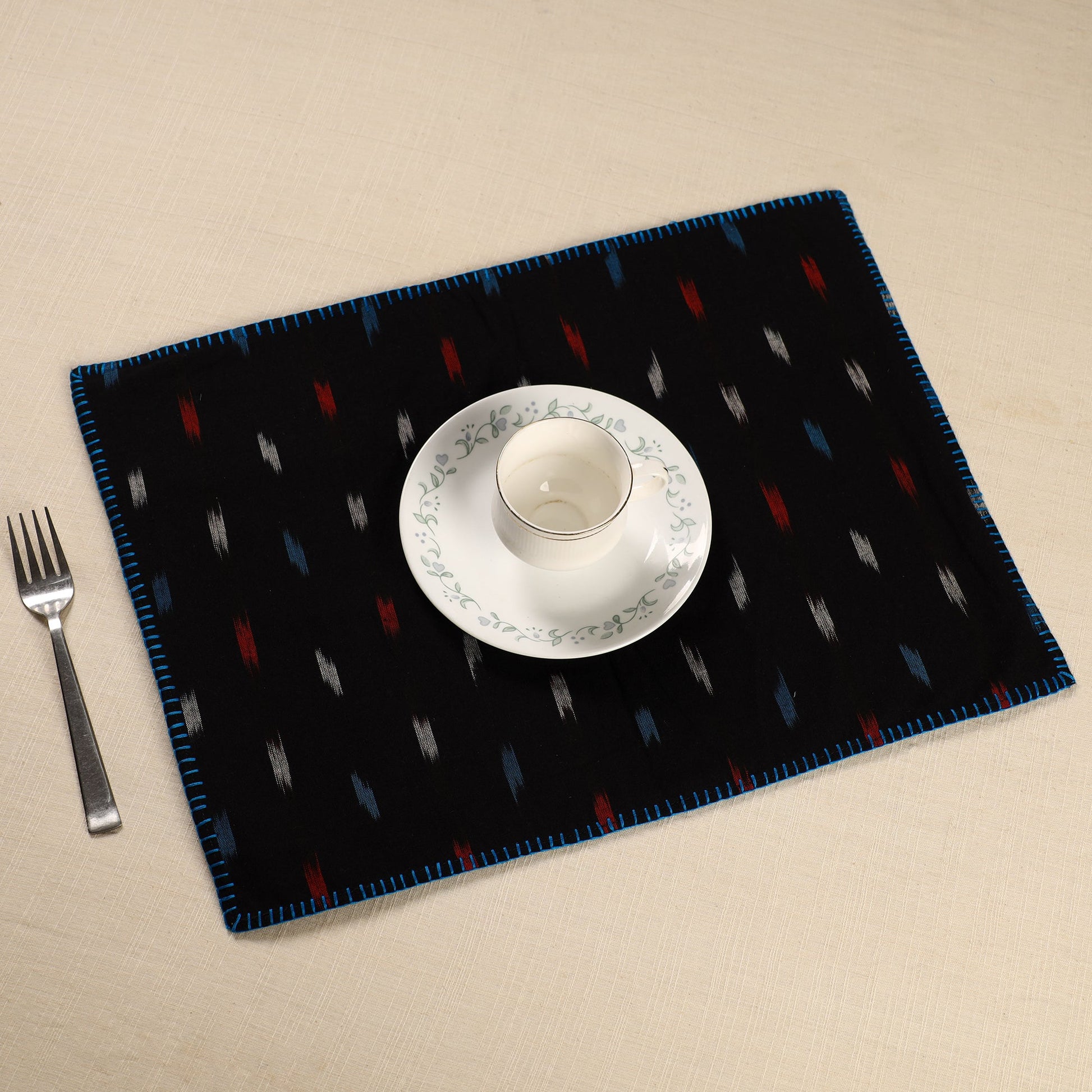 Black - Ikat Cotton Hand Embroidery Table Mat (18 x 13 in) 05