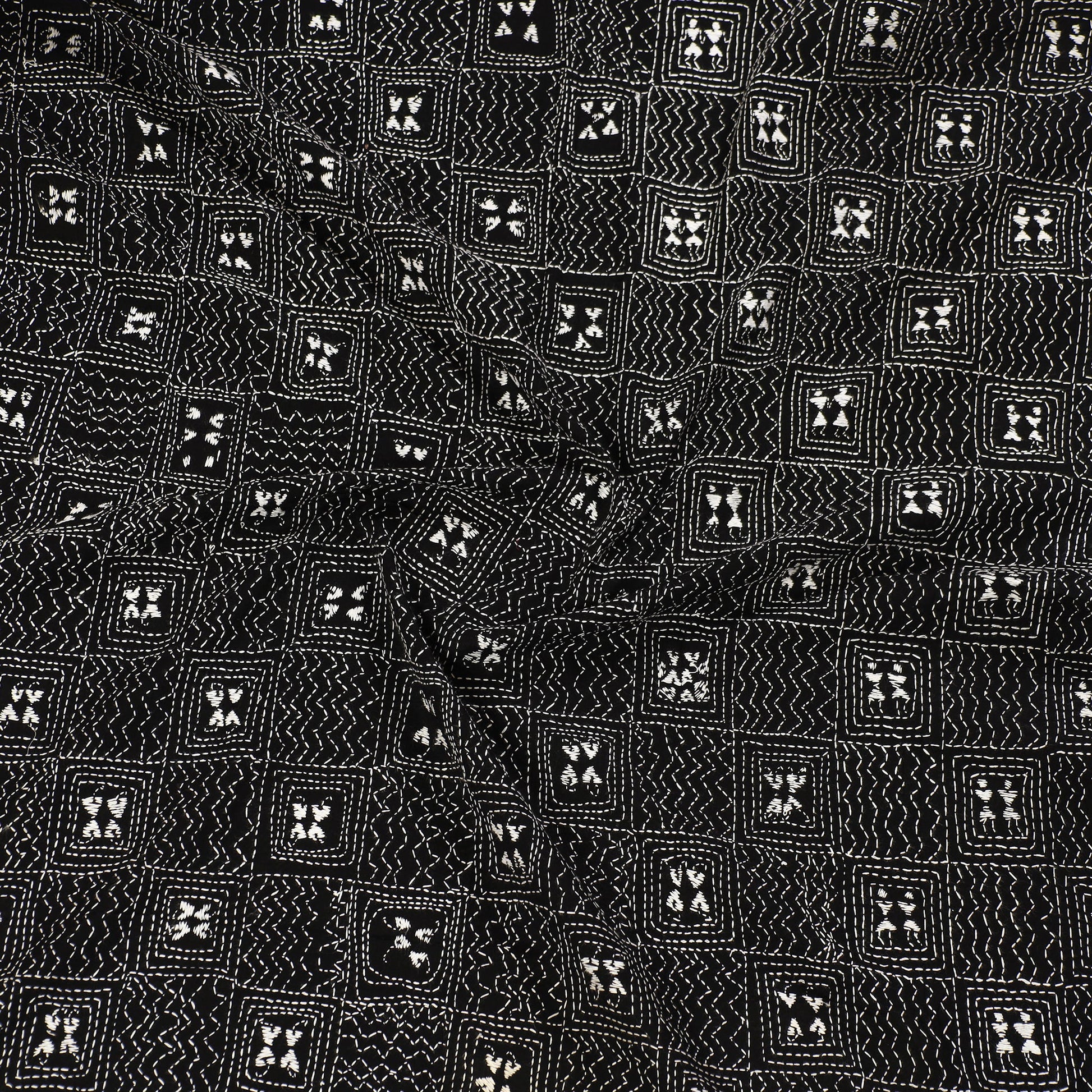 Black - Bengal Kantha Embroidery Cotton Blouse Piece 84