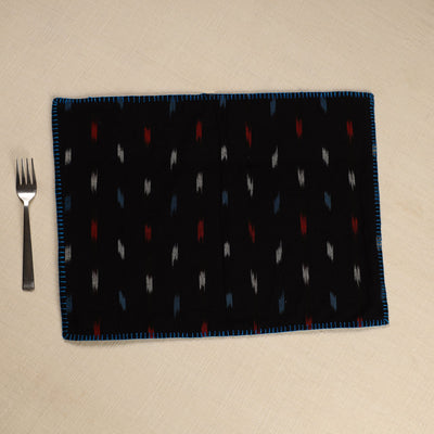 Black - Ikat Cotton Hand Embroidery Table Mat (18 x 13 in) 05