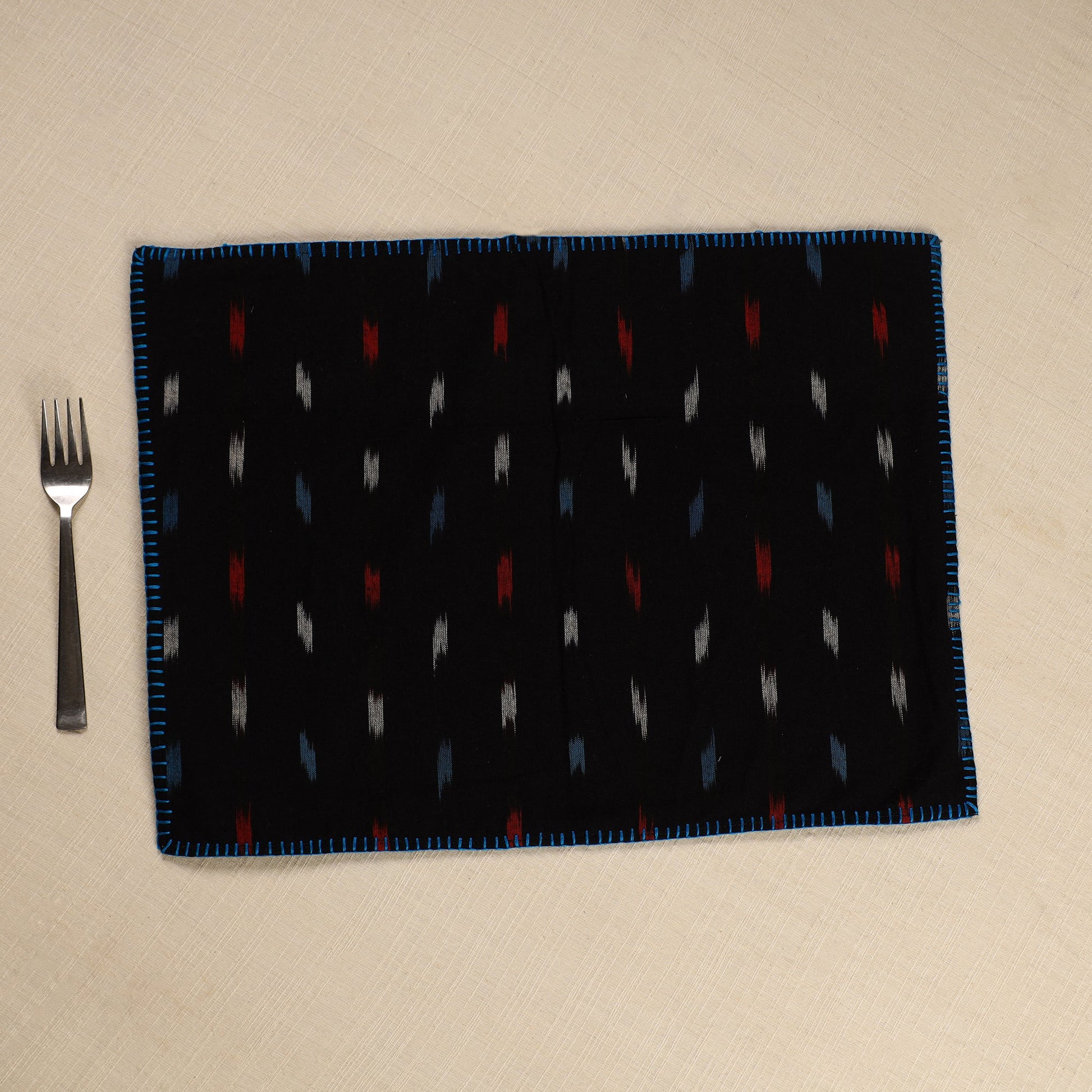 Black - Ikat Cotton Hand Embroidery Table Mat (18 x 13 in) 05