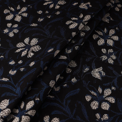 Black - Hand Block Print Chanderi Silk Jahota Fabric 09
