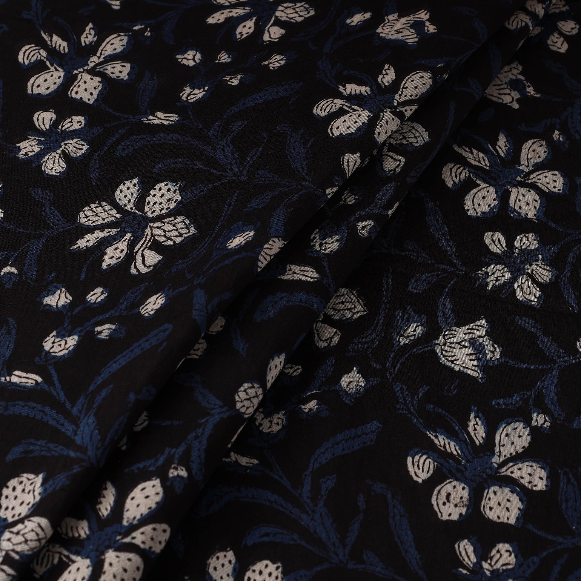 Black - Hand Block Print Chanderi Silk Jahota Fabric 09