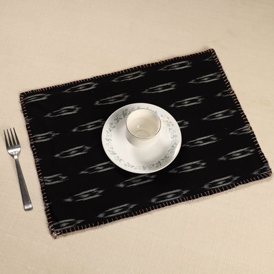 Black - Ikat Cotton Hand Embroidery Table Mat (18 x 13 in) 02