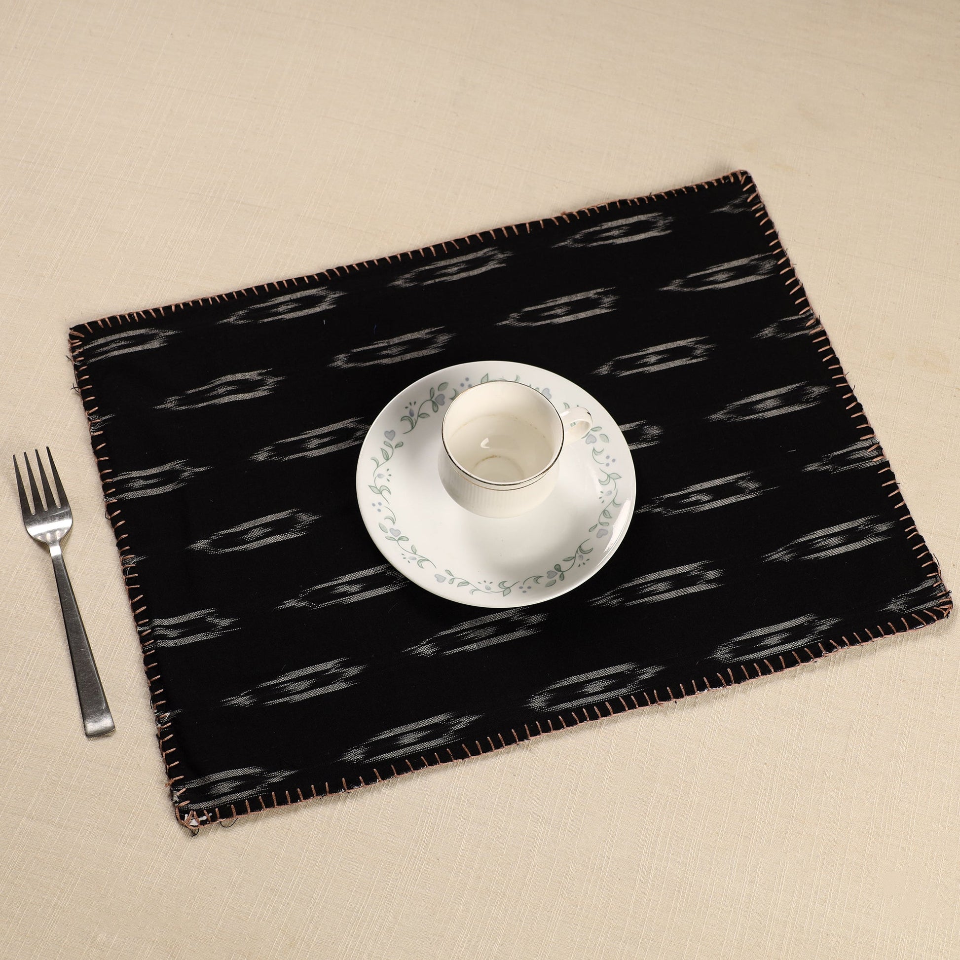 Black - Ikat Cotton Hand Embroidery Table Mat (18 x 13 in) 02