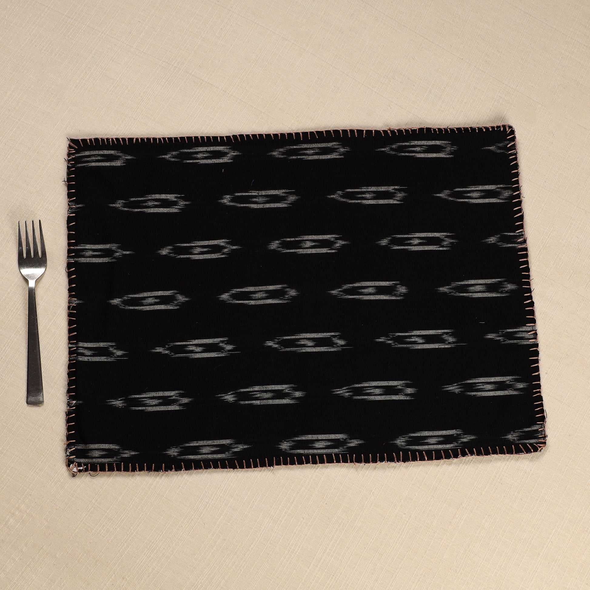 Black - Ikat Cotton Hand Embroidery Table Mat (18 x 13 in) 02
