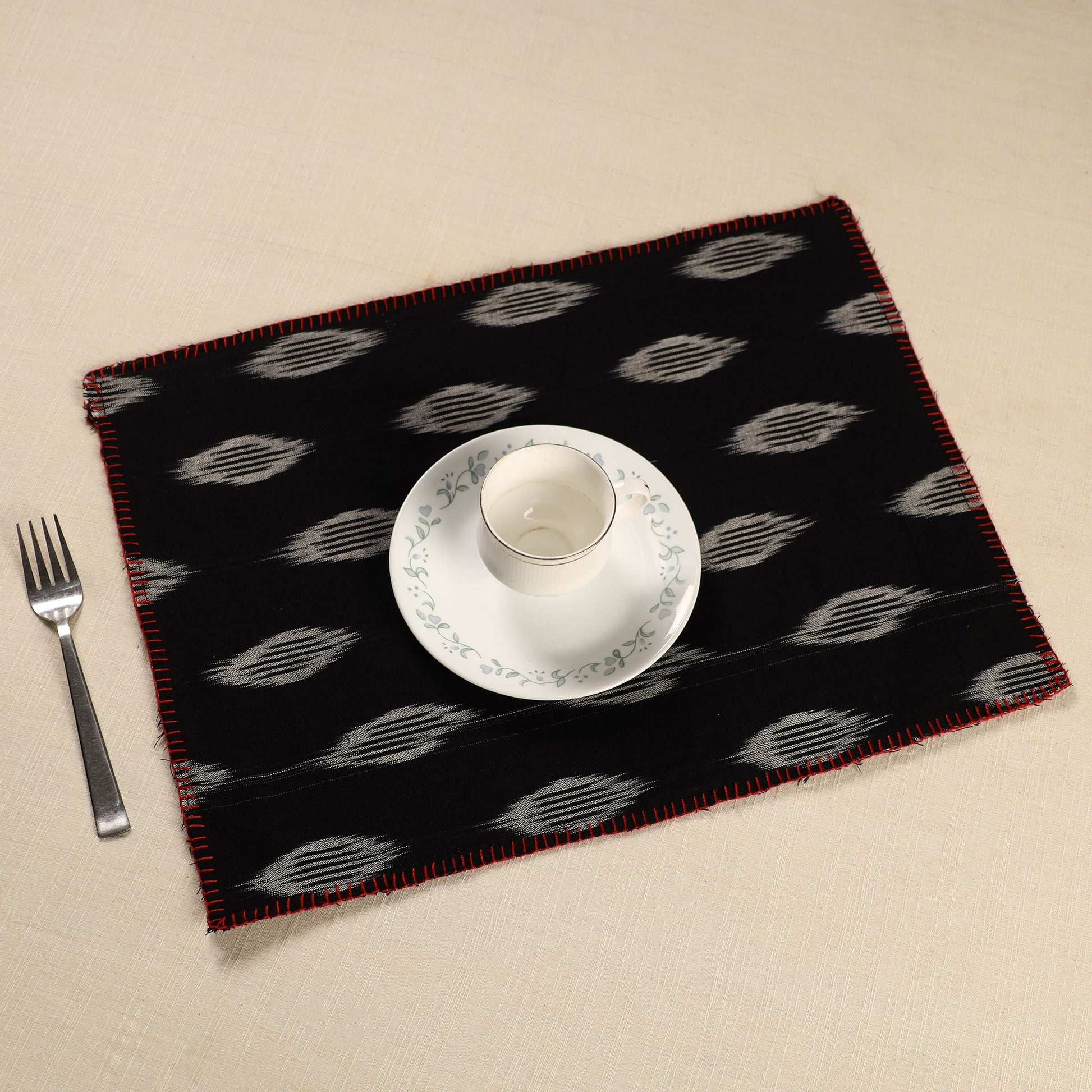 Black - Ikat Cotton Hand Embroidery Table Mat (18 x 13 in) 01