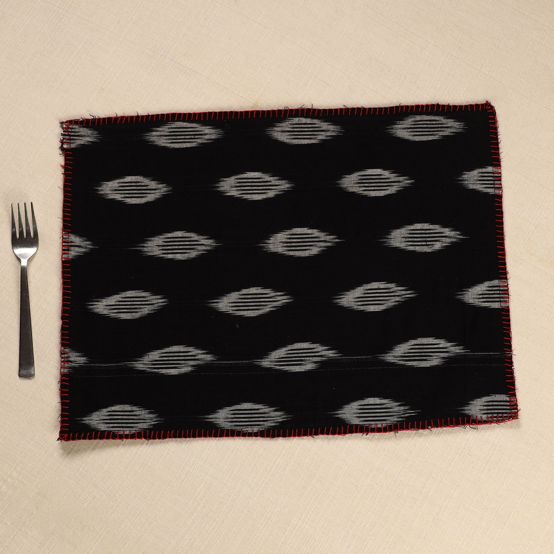 Black - Ikat Cotton Hand Embroidery Table Mat (18 x 13 in) 01