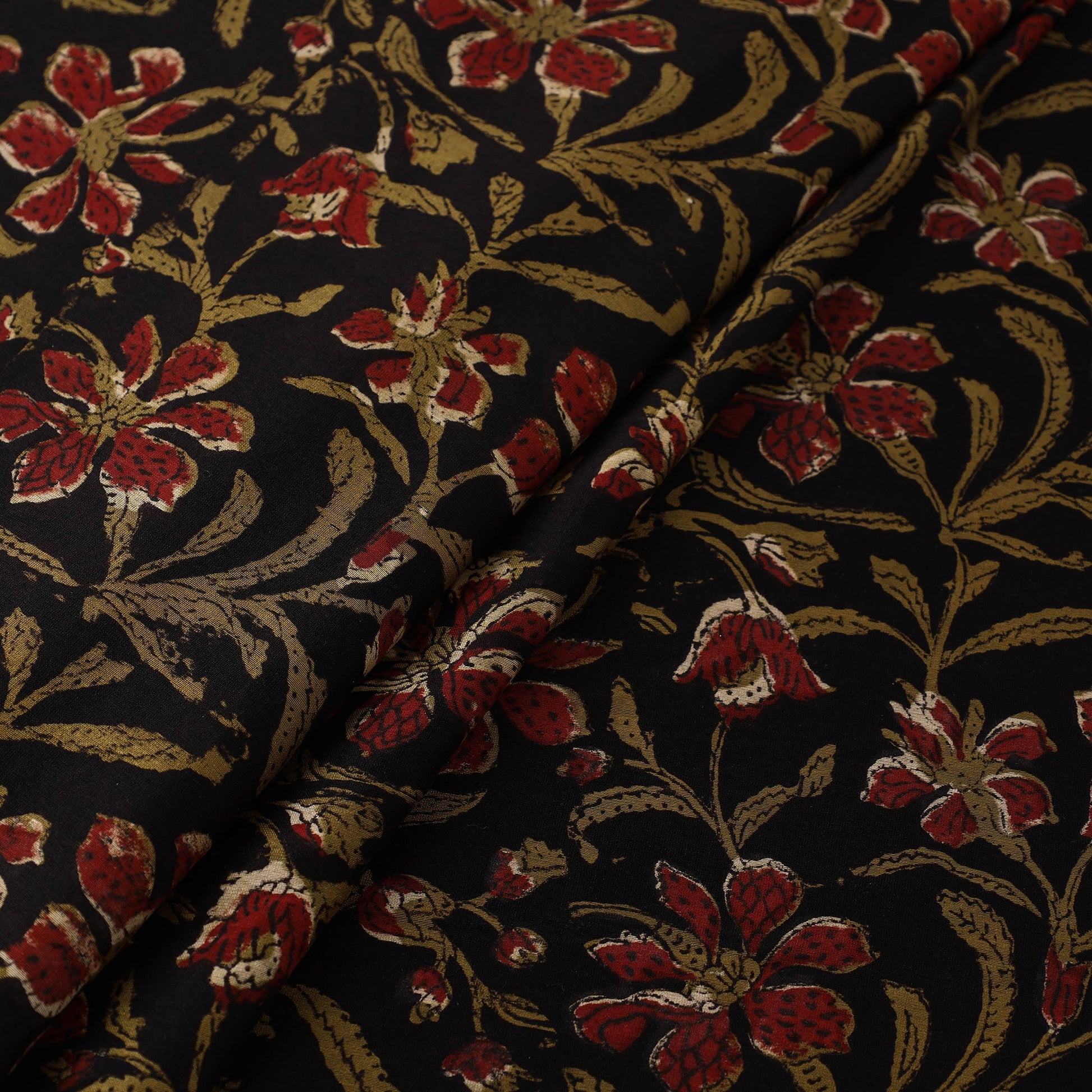 Black - Hand Block Print Chanderi Silk Jahota Fabric 14