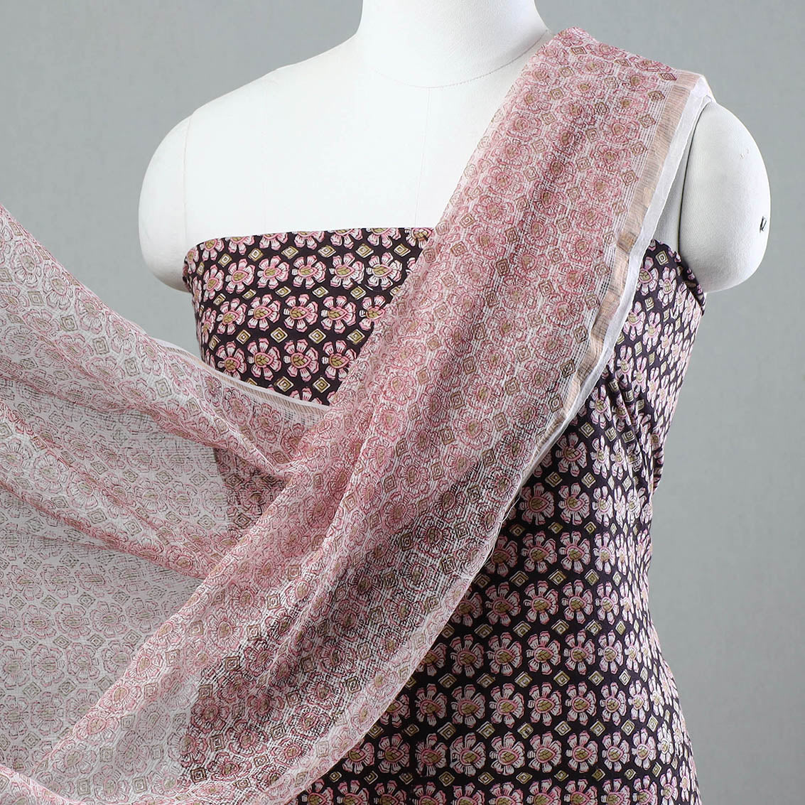 3pc Sanganeri Block Printed Cotton Suit Material with Kota Doria Dupatta 01