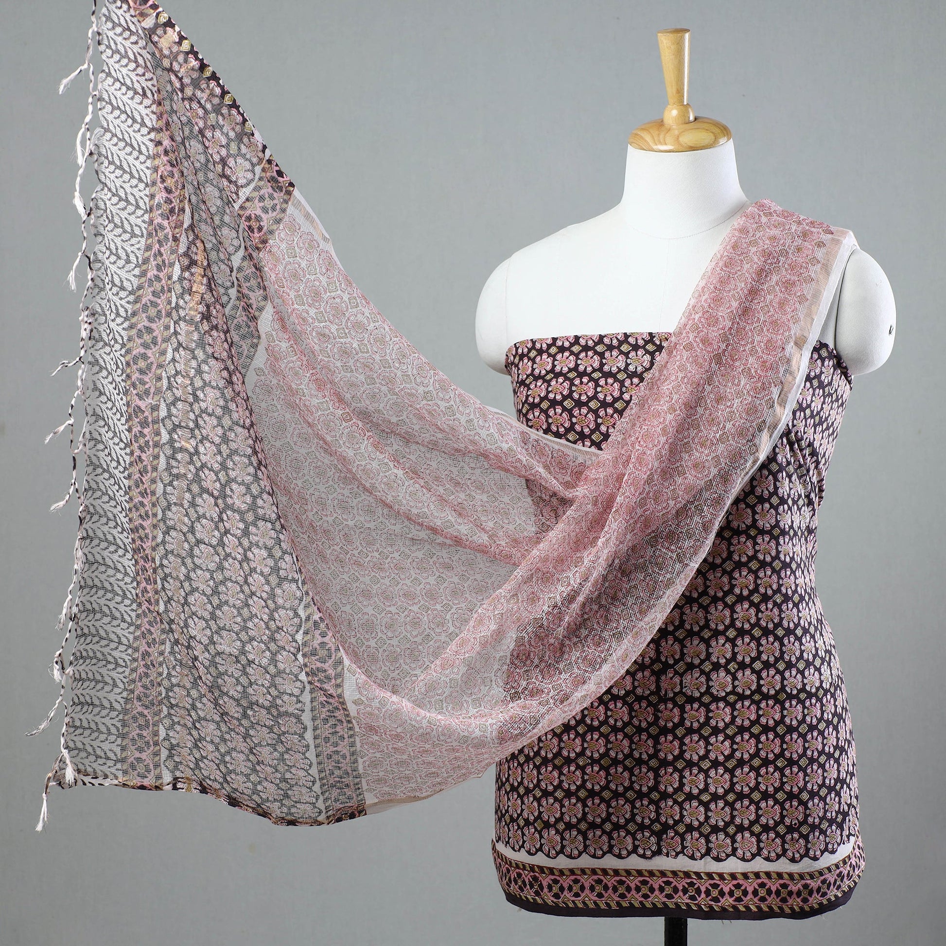 3pc Sanganeri Block Printed Cotton Suit Material with Kota Doria Dupatta 01