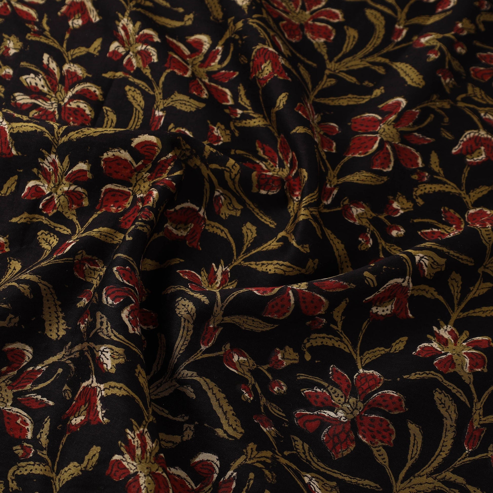 Black - Hand Block Print Chanderi Silk Jahota Fabric 14