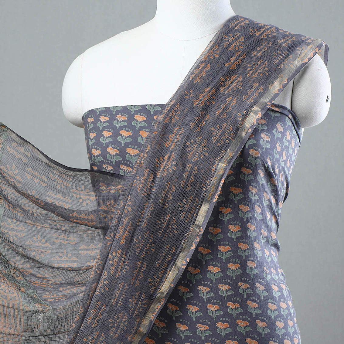 3pc Sanganeri Block Printed Cotton Suit Material with Kota Doria Dupatta 02