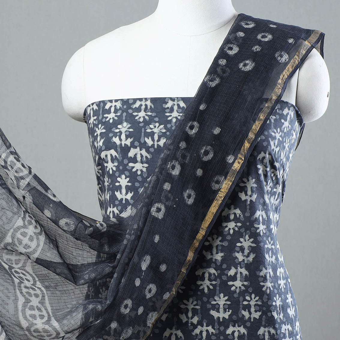 3pc Sanganeri Block Printed Cotton Suit Material with Kota Doria Dupatta 04
