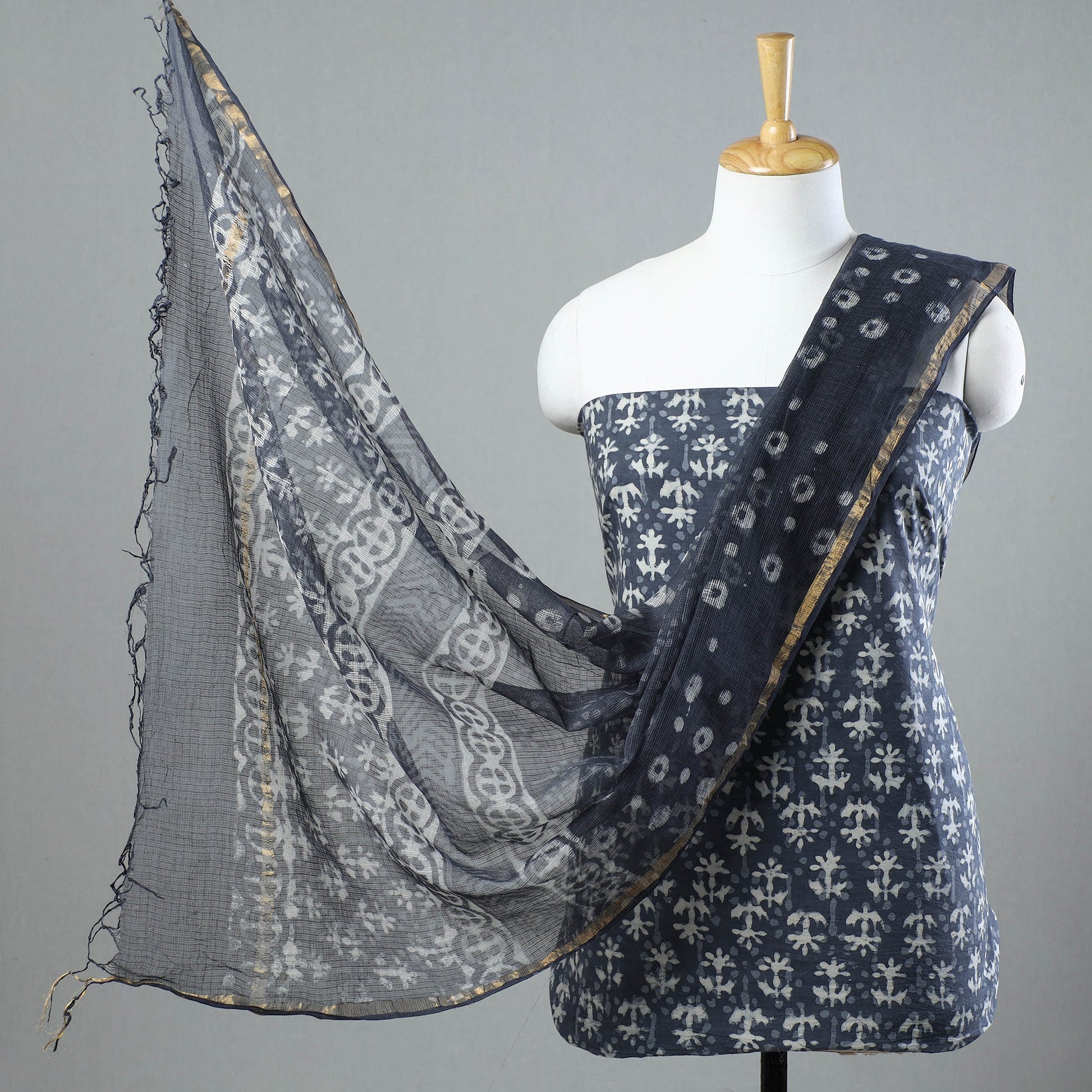 3pc Sanganeri Block Printed Cotton Suit Material with Kota Doria Dupatta 04