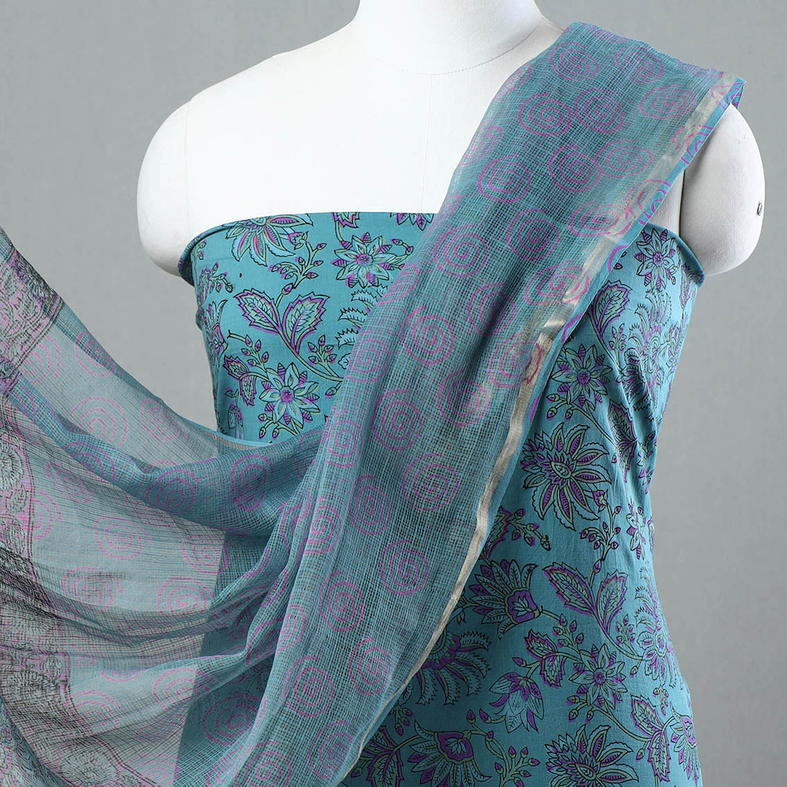 3pc Sanganeri Block Printed Cotton Suit Material with Kota Doria Dupatta 05