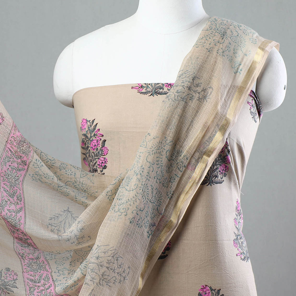 3pc Sanganeri Block Printed Cotton Suit Material with Kota Doria Dupatta 06