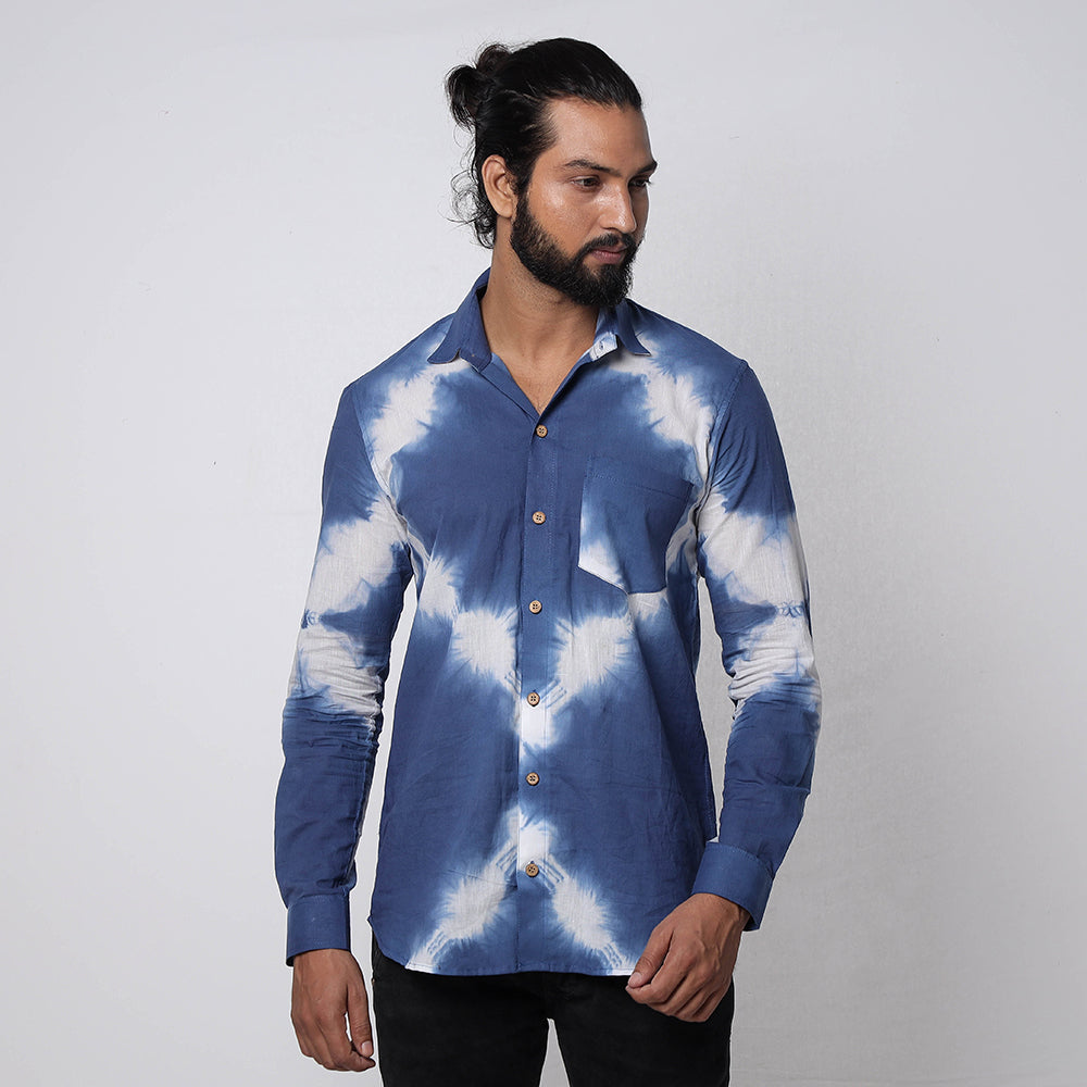 Blue & White - Shibori Tie-Dye Cotton Men Full Sleeve Shirt