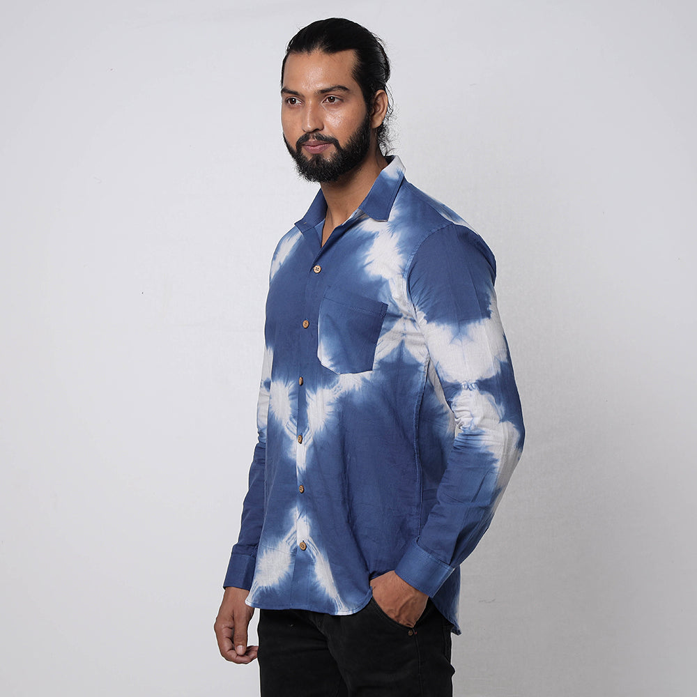Blue & White - Shibori Tie-Dye Cotton Men Full Sleeve Shirt