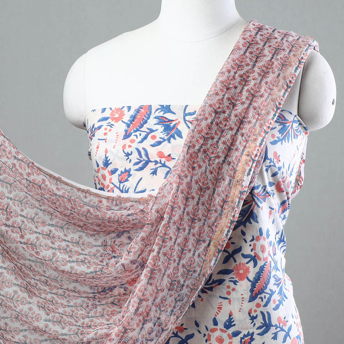 3pc Sanganeri Block Printed Cotton Suit Material with Kota Doria Dupatta 09